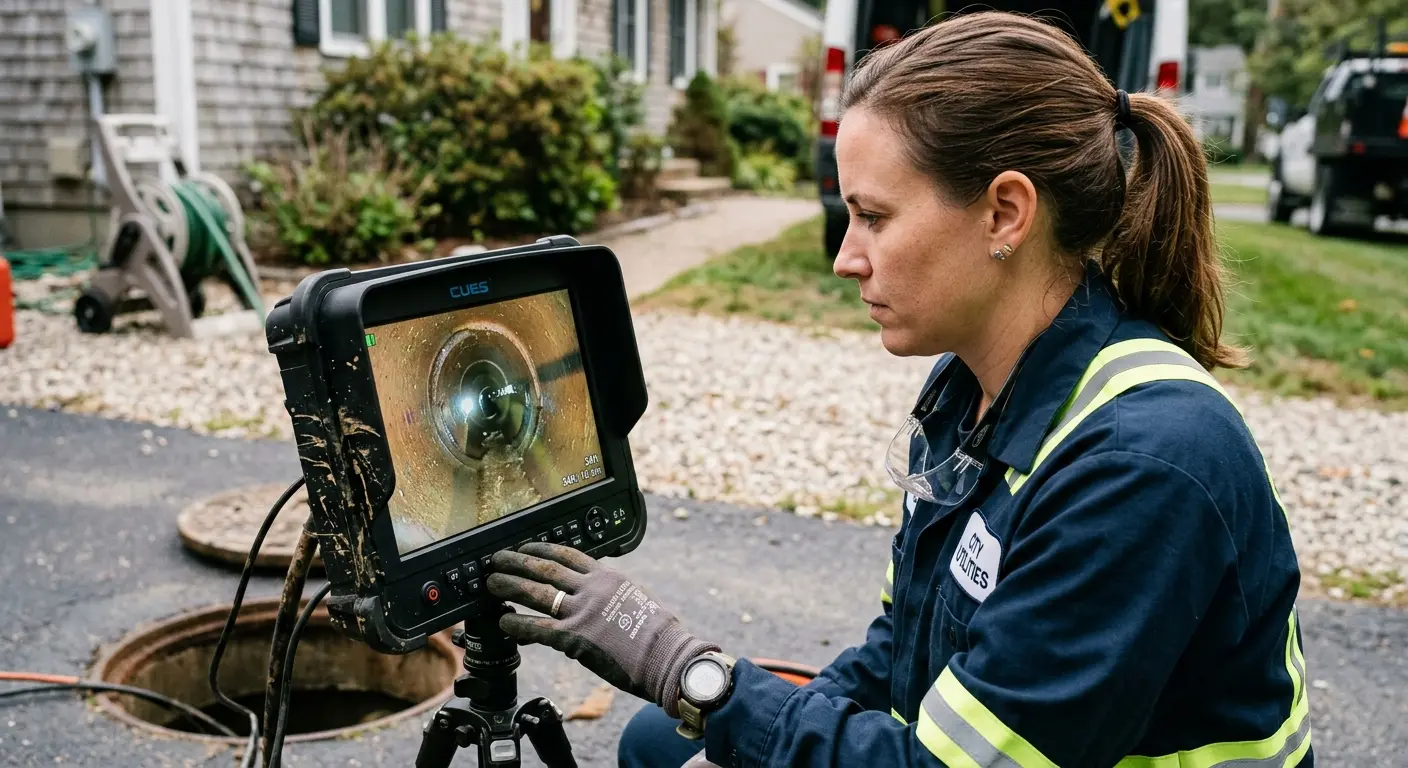 Technician reviewing sewer camera inspection footage in St. Paul