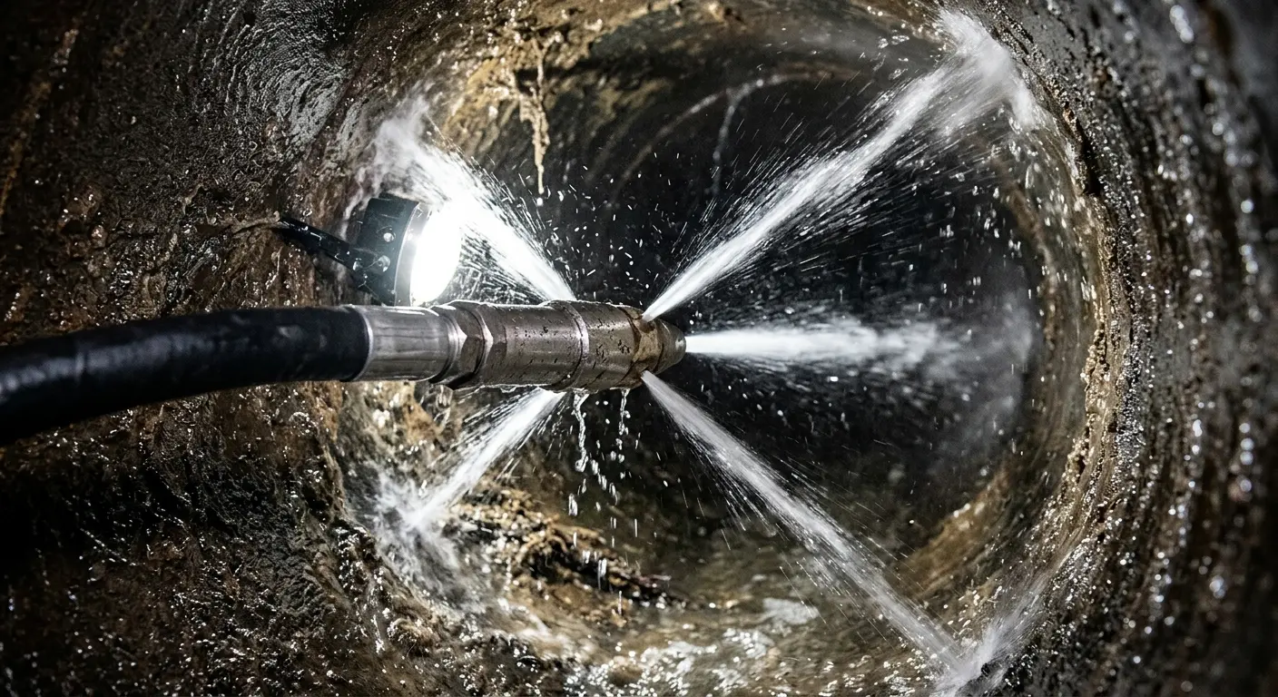 High-pressure hydro jetting nozzle cleaning sewer pipe for Trenchless Sewer Repair in St. Paul