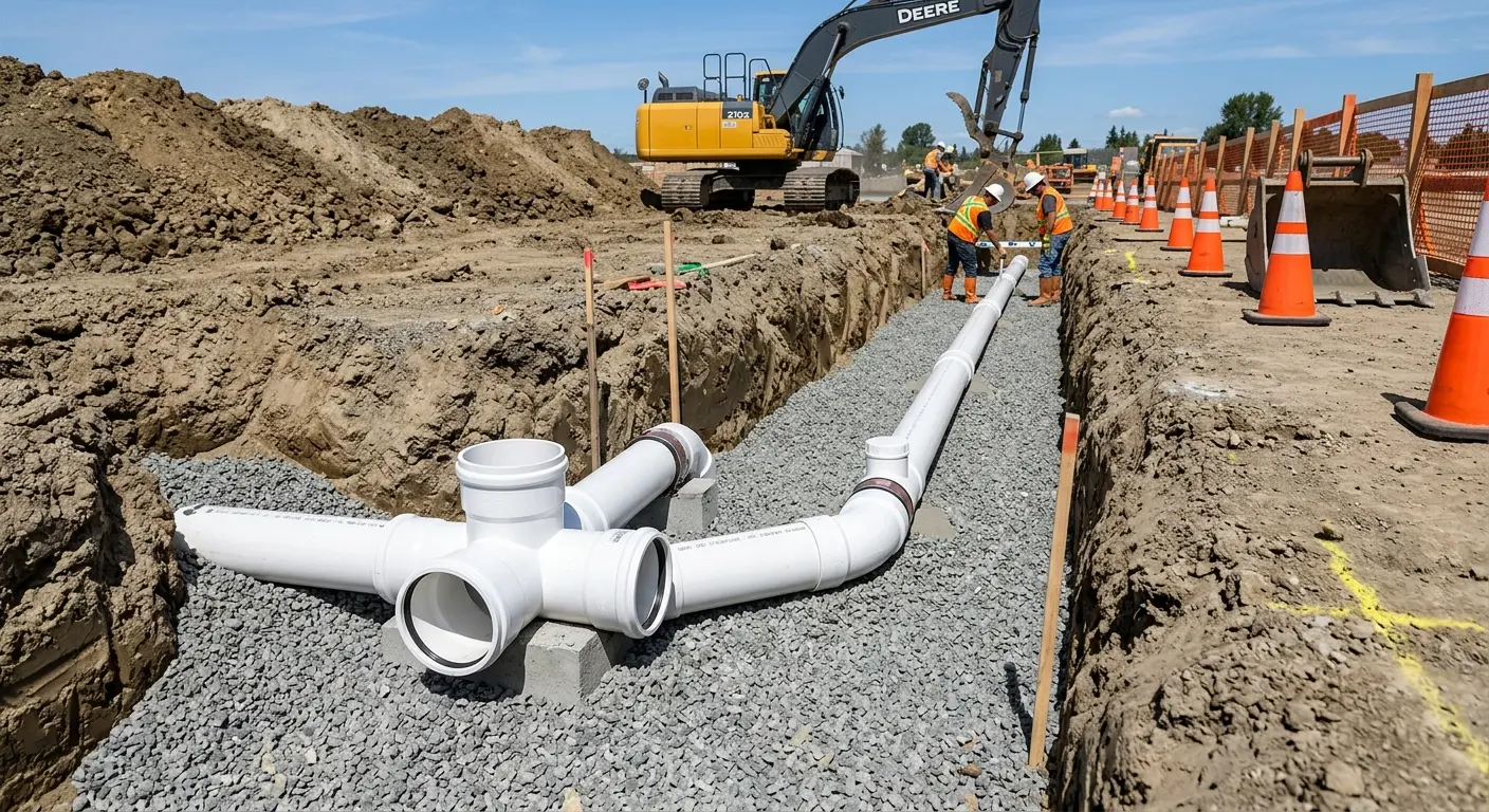 New PVC sewer pipe installation in open trench for Grease Trap Cleaning in St. Paul