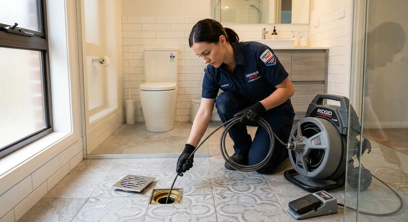 Technician clearing a bathroom floor drain for Clogged Drain Repair in St. Paul